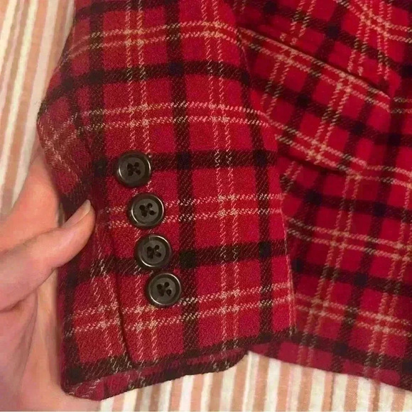 Vintage lauren ralph lauren red plaid faux fur collar jacket women's 8P - Picture 12 of 12